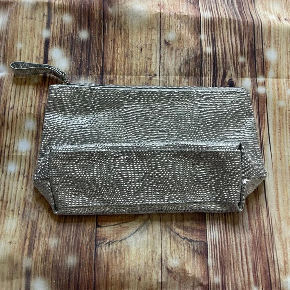 Lancome Pewter Lizard Embossed Cosmetic Bag Makeup Pouch Front‎ Pocket